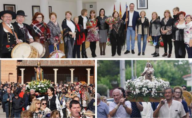 Arriba, el alcalde entregando el bastón de mando a la aguedera mayor. Debajo, procesiones con la imagen de San Blas y la Virgen del Carmen.