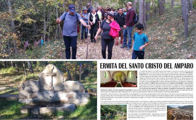 Arriba, Ruta Jacobea del Camino Olvidado. Debajo, Fuente de la Salud, que promete la vida eterna al que pase allí la Noche de San Juan, y panel informativo sobre las leyendas de Guardo y sus parajes.