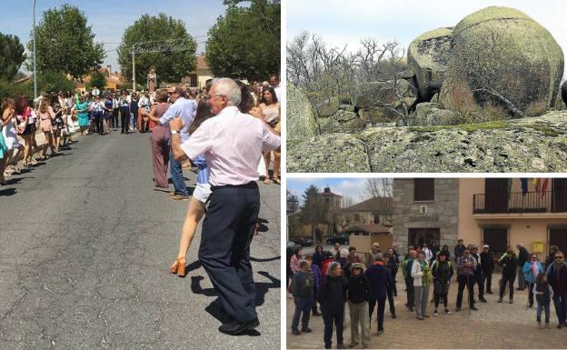 A la izquierda, los vecinos bailan la jota durante las fiestas. Al lado, paraje de El Berrocal e inauguración de una ruta senderista.