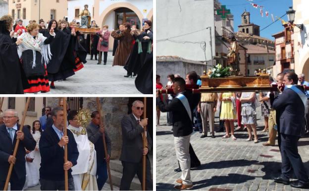 A la izquierda, las mujeres bailando ante Santa Águeda y procesión del Corpus. A la derecha, los vecinos portan a los Santos Mártires Justo y Pastor durante su fiesta.