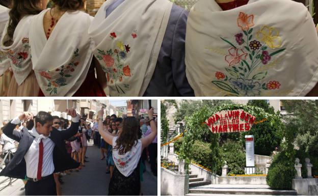 Arriba, pañuelos bordados que hoy son símbolo de amor maternal. Debajo, los quintos bailando la jota durante la procesión y enramada en la escalinata del templo.