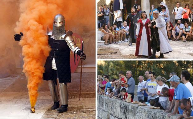 A la izquierda, efectos visuales dentro del castillo. Al lado, Urraca I de León y Alfonso I de Aragón salen de la fortaleza ya casados y los vecinos esperan con los nabos para lanzárselos a los musulmanes.