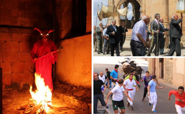 A la izquierda, El Diabillo. Al lado, procesión con motivo de la Misa de Minerva y encierro.