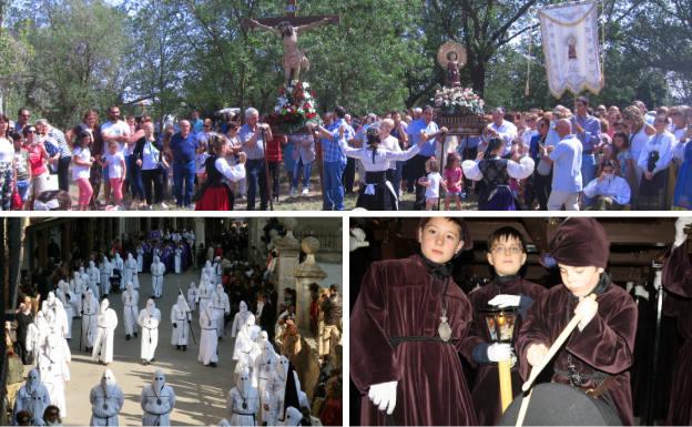 Arriba, romería de la Virgen de Castilviejo. Debajo, desfile de gremios del Viernes Santo y niño tocando el tapetán. 