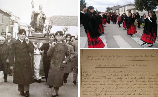 A la izquierda, procesión de San Blas de 1972. Al lado, las mujeres de Megeces bailan jotas en honor a Santa Águeda y acta fundacional de la Asociación La Fe de Socorros Mutuos de la Clase Obrera, de 1904.