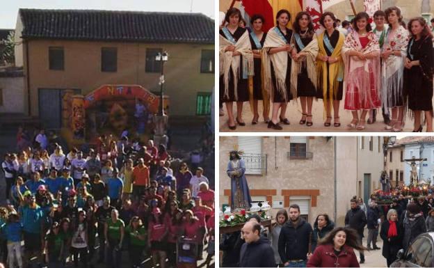 A la izquierda, peñistas en la plaza durante las fiestas de Melgar de Abajo. Al lado, reinas y damas de festejos pasados de la localidad y procesión de Semana Santa.