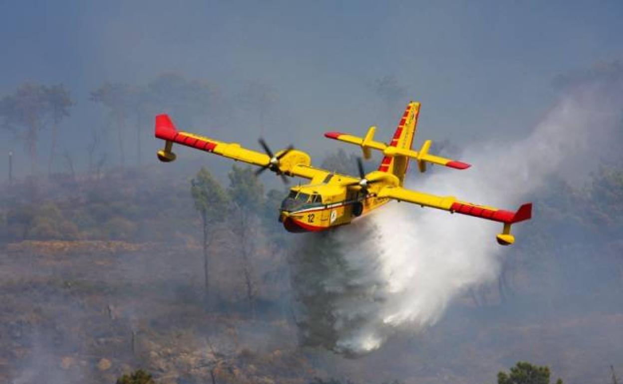 Un avión de la campaña del año pasado descarga agua sobre un incendio forestal. 