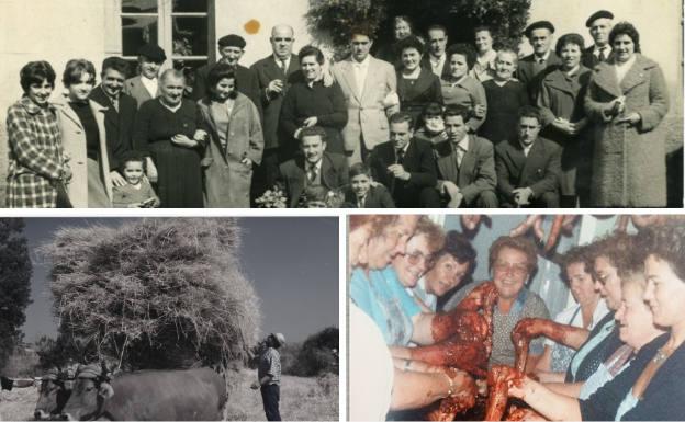 Arriba, los vecinos posan frente a la casa de una novia, con la enramada detrás. Debajo, un hombre llena su carro de mies y las mujeres preparan chorizos y morcillas.