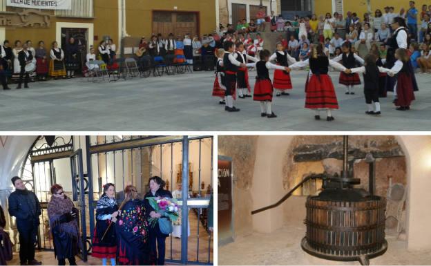 Arriba, actuación infantil de jotas en la Muestra Folklórica de la villa. Debajo, las águedas de la localidad celebrando su día y prensa vertical del Museo del Vino de Mucientes.