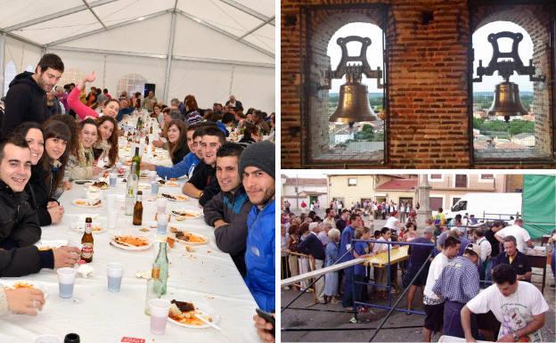 Los vecinos de Santervás de la Vega reunidos para comer el día de la matanza. A la derecha, campanas de la localidad y la plaza repleta durante la pancetada de las fiestas.