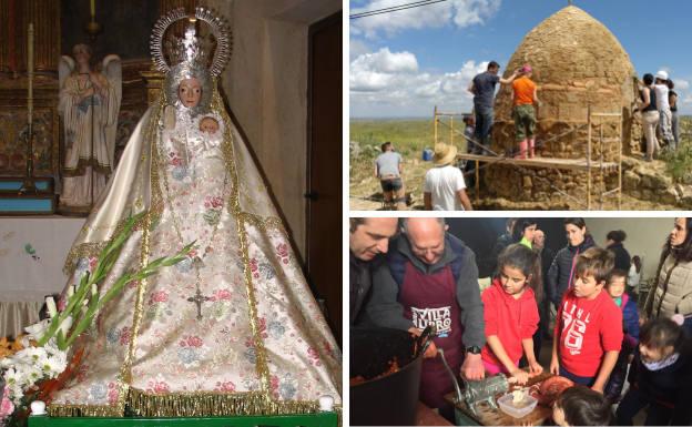 La Virgen de la Anunciada, engalanada el día de su fiesta mayor. Al lado, labores de recuperación de un chozo y niños ayudando a elaborar chorizos durante la jornada dedicada a la matanza.