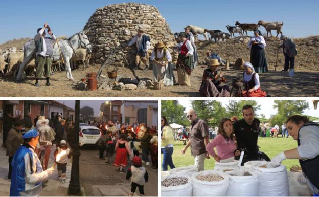 Arriba, representación de la vida rural de antaño. Debajo, noche de Reyes y clientes en un puesto de legumbres del Mercado Castellano del Cerrato celebrado en Tariego.