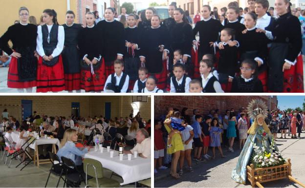 Arriba, grupo de jotas de Rubí de Bracamonte. Debajo, paellada por la celebración de San Blas y fiestas de agosto en honor a Nuestra Señora de las Nieves, en primer término.