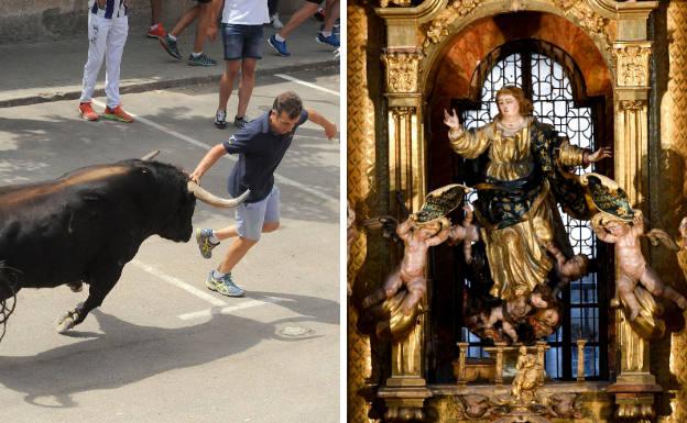 Un hombre durante un lance con el Toro del Verdejo y la Virgen de la Asunción en su iglesia de Rueda.