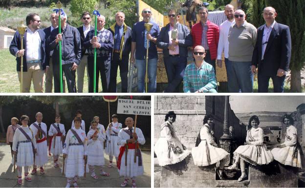 Arriba, la nueva cofradía de San Isidro junto al santo. Debajo, los paloteadores actuales y fotografía antigua de cuatro jóvenes danzantes en la fuente de San Cebrián.