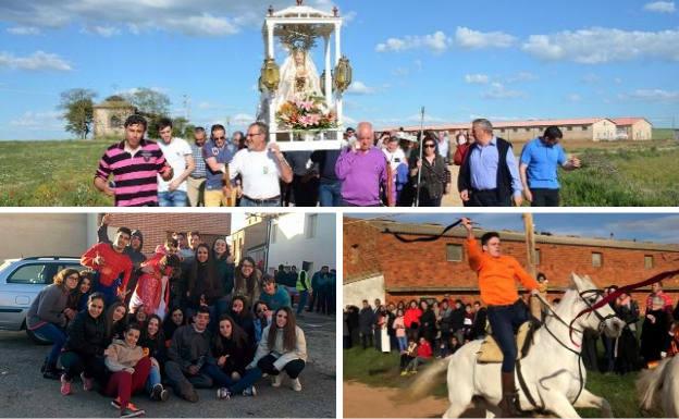 Arriba, la Virgen de la Bóveda se dirige a la ermita. Debajo, los quintos celebran la fiesta del 'bollo' y uno de los participantes en las carreras de cintas.