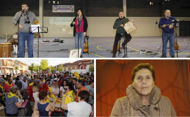 Arriba, grupo Enredabailes Folk, que se encarga de que perviva la jota 'Que viva Sardón'. Debajo, reparto del pañuelo festivo. y Rosa Carrascal, gracias a la cual se ha recuperado la jota citada.