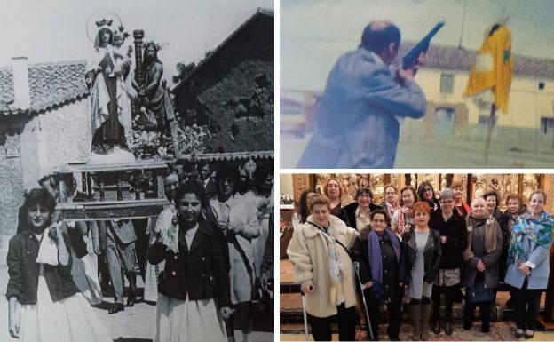 Fotografía histórica de la procesión del Encuentro. Al lado, disparos al Judas, porque la tradición marca que debe morir de tres tiros, y las mujeres reunidas en la iglesia antes de la procesión.