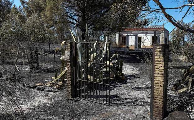 Imagen principal - Restos de una casa calcinada en la localidad onubense de Villarrasa; El incendio de la localidad albaceteña de Hellín; Medios aéreos, durante las labores de extinción del incendio 