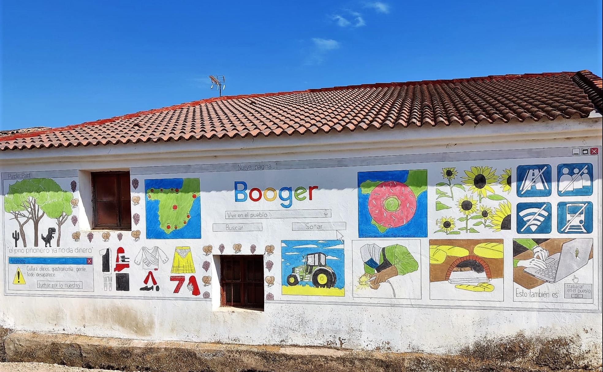 Un mural de Villangómez en el que se evidencia este problema del medio rural con la conectividad. 