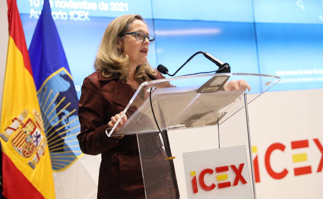 Nadia Calviño, ministra de Economía, en una jornada del ICEX. 