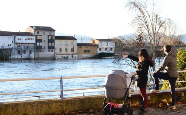 El Ebro desbordado en Miranda este martes.