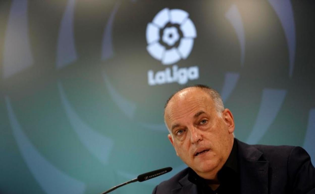 El presidente de LaLiga, Javier Tebas, en conferencia de prensa. 