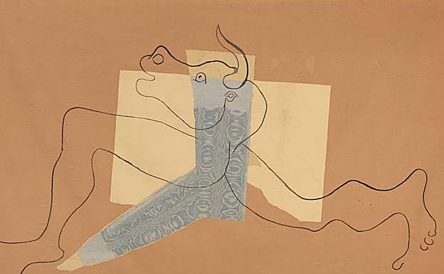 Imagen principal - 1. 'Tapisserie', una de las obras incluidas en la exposición. 2. 'Gato cogiendo un pájaro'. 3. 'Gallo bicolor con la cruz de Lorena'.