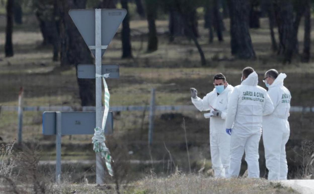 Los agentes examinan el lugar junto a la carretera donde fue encontrado el cuerpo de Esther López. 