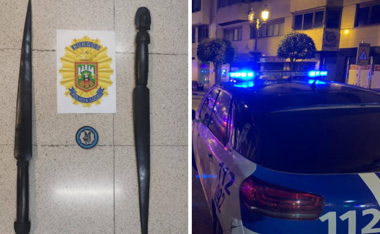 Armas incautadas esa madrugada en Burgos junto a un coche patrulla de la Policía Local