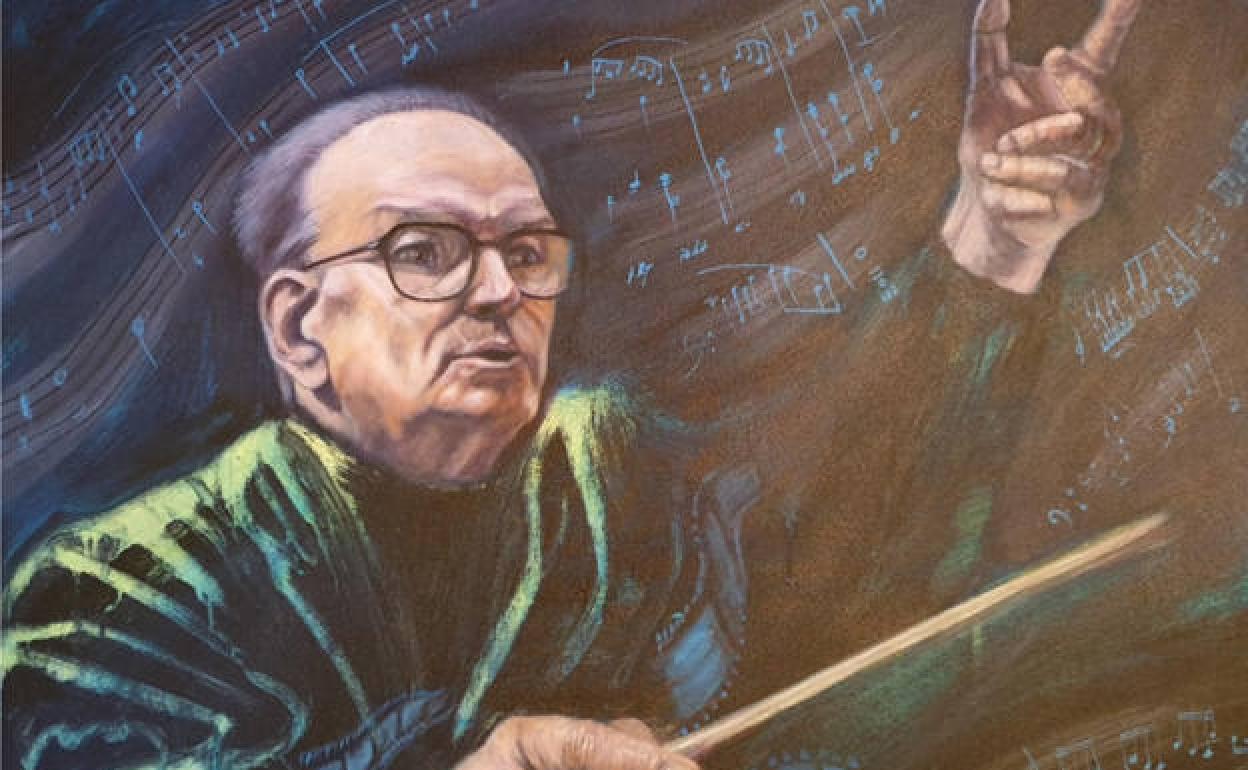 Una de sus obras, retrato de Ennio Morricone