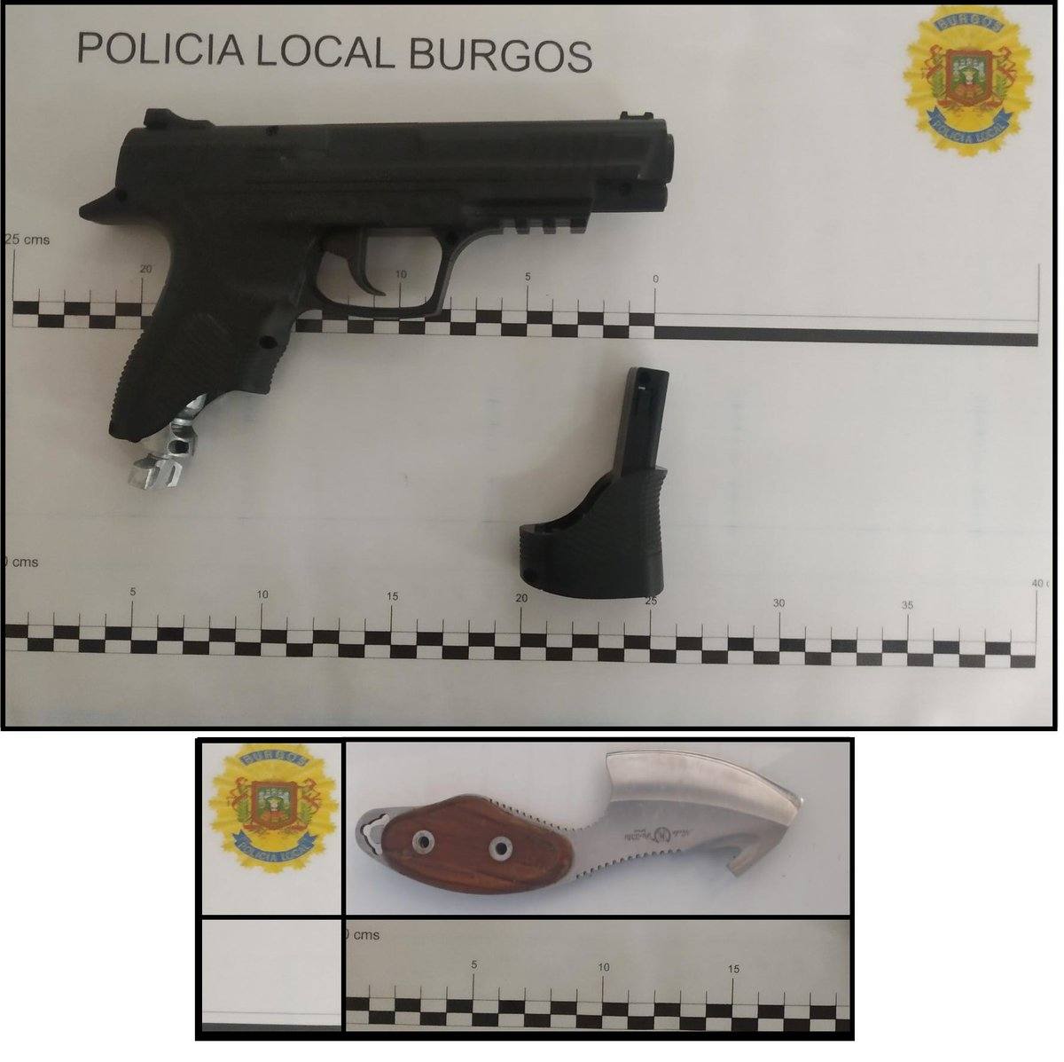 Armas incautadas por la Policía Local a los tres adultos que amenazaron a los menores en Burgos.