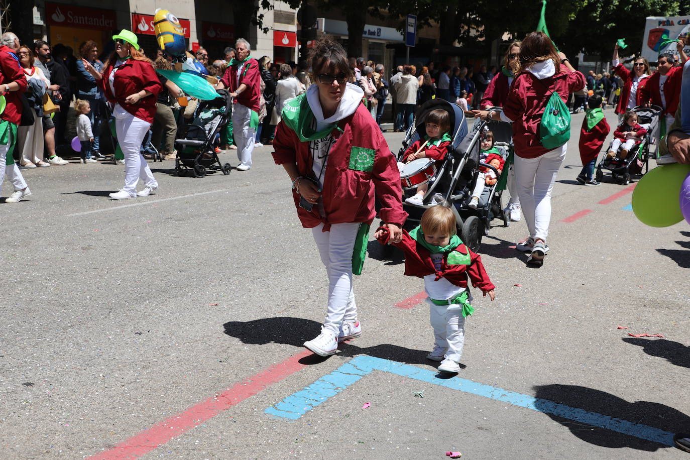 Las peñas desfilan por las calles de Burgos a ritmo de charanga, a golpe de pañuelo y escoltando a las carrozas para celebrar los Sampedros