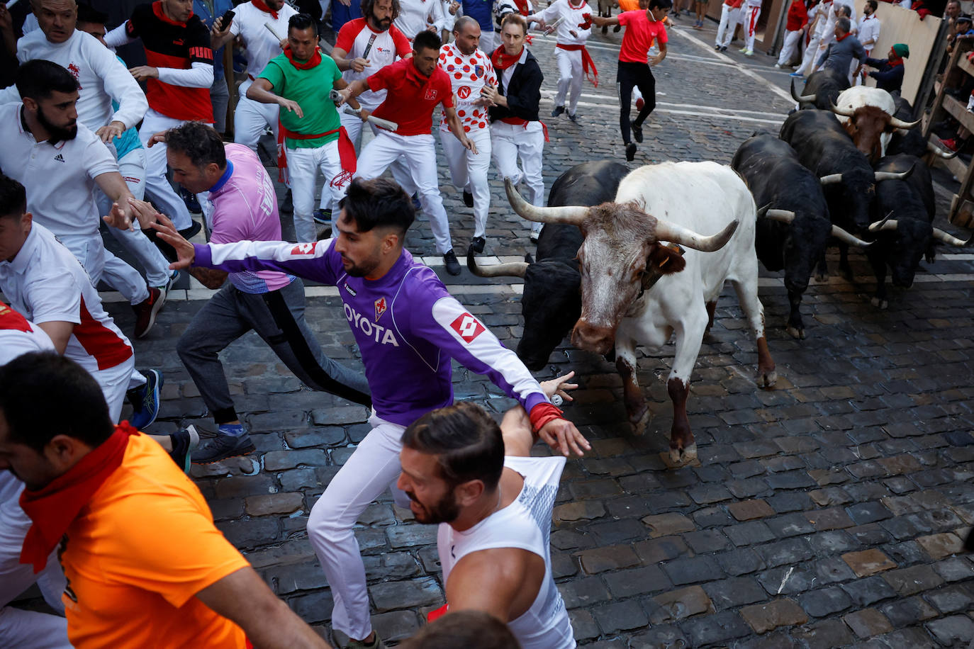 Un toro rezagado de la ganadería gaditana de Fuente Ymbro entra en la calle de la Estafeta.