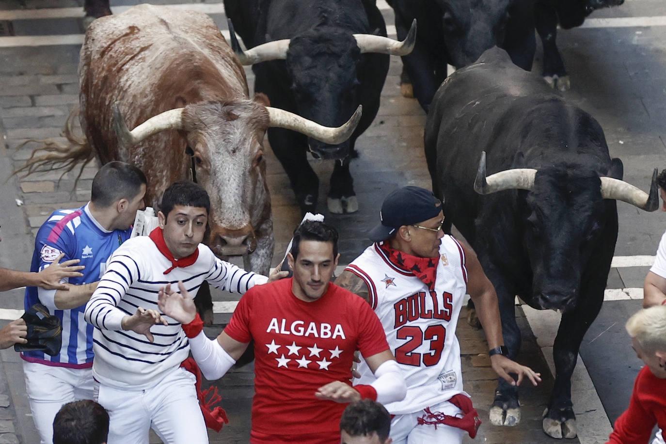 Los mozos corren durante el séptimo encierro de los Sanfermines ante los toros de la ganadería de Victoriano del Río.