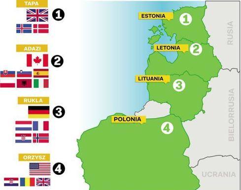 Distribución de los cuatro grupos de batalla de la 'Presencia Avanzada Reforzada' de la OTAN 