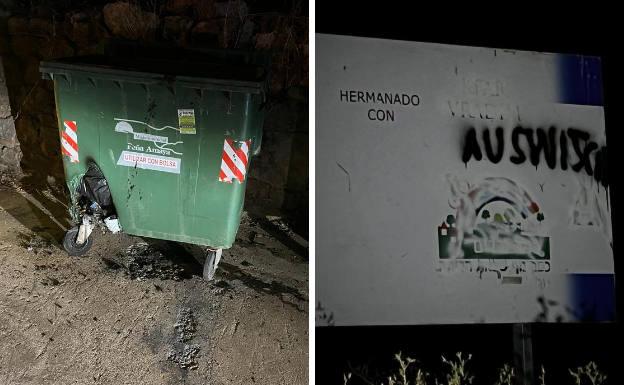 Contenedor quemado y más pintadas en carteles del municipio