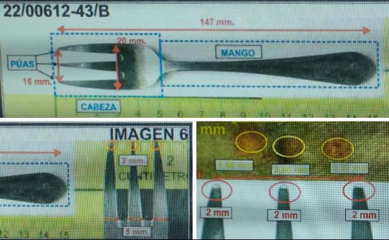 Imágenes contenidas en el informe del departamento de Balística de la Guardia Civil que asegura que las marcas en la mano de Esther López son compatibles con un tenedor de tres puntas. 