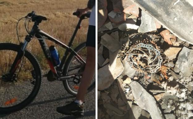 A la izquierda, la bicicleta de Alvar, a la derecha, lo poco que ha quedado de ella tras el incendio.