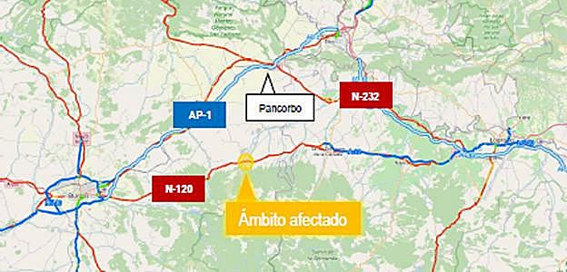 Mapa de las carreteras afectadas por el corte de tráfico. 