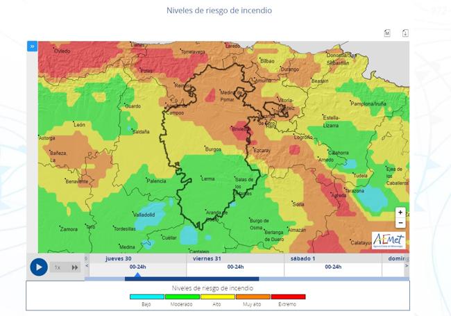 Niveles de riesgo de incendio según la Aemet para el jueves 30 de marzo.