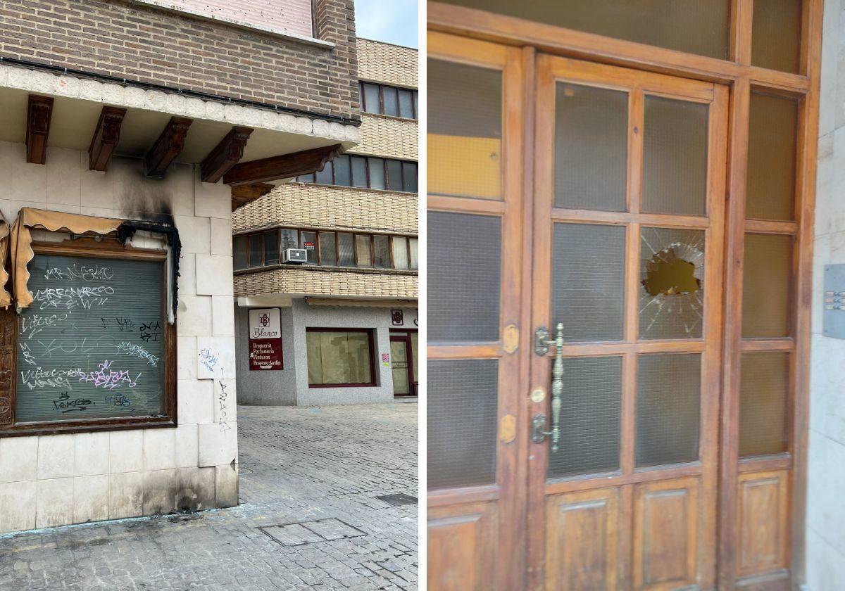 Un cristal roto y restos del toldo quemado esta noche en el barrio de San Juan de Aranda de Duero