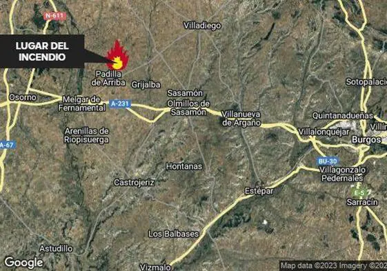 Mapa del lugar del incendio en la provincia de Burgos.