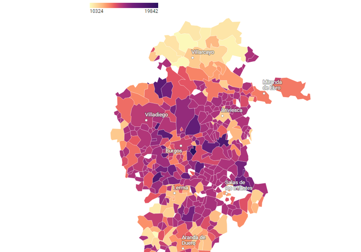 Mapa con la distribución de la renta media por municipios en la provincia de Burgos.