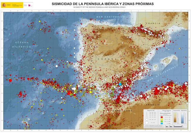 Mapa de la sismicidad en la península ibérica.