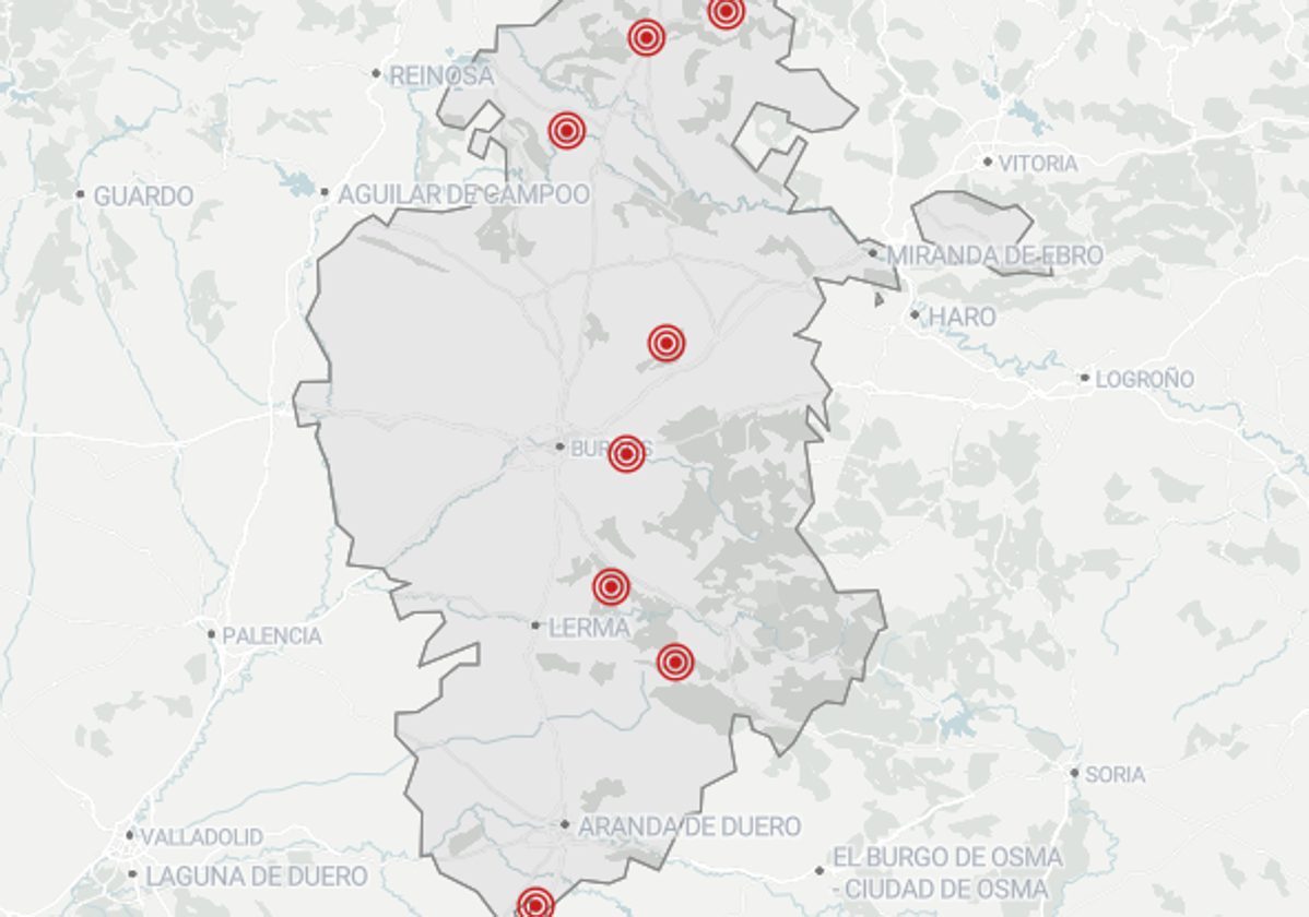 Mapa con los ocho focos registrados en la provincia de Burgos.