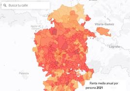 Mapa de la provincia de Burgos con la renta media anual.