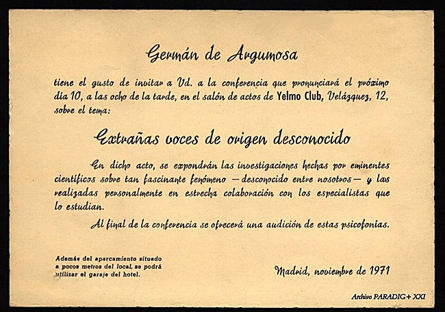 Original de la invitación a la conferencia de Argumosa en el Club Yelmo.
