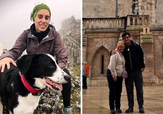 Carmen Izquierdo, a la izquierda, disfrutando de sus aficiones en la naturaleza. Montserrat Ocón y Roberto Castellanos, a la derecha, frente a la Catedral de Burgos.