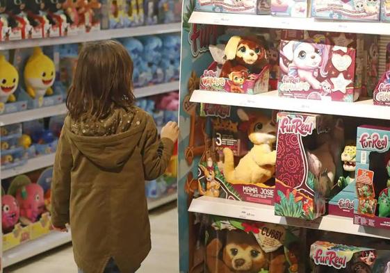 Una niña mira juguetes en una tienda.